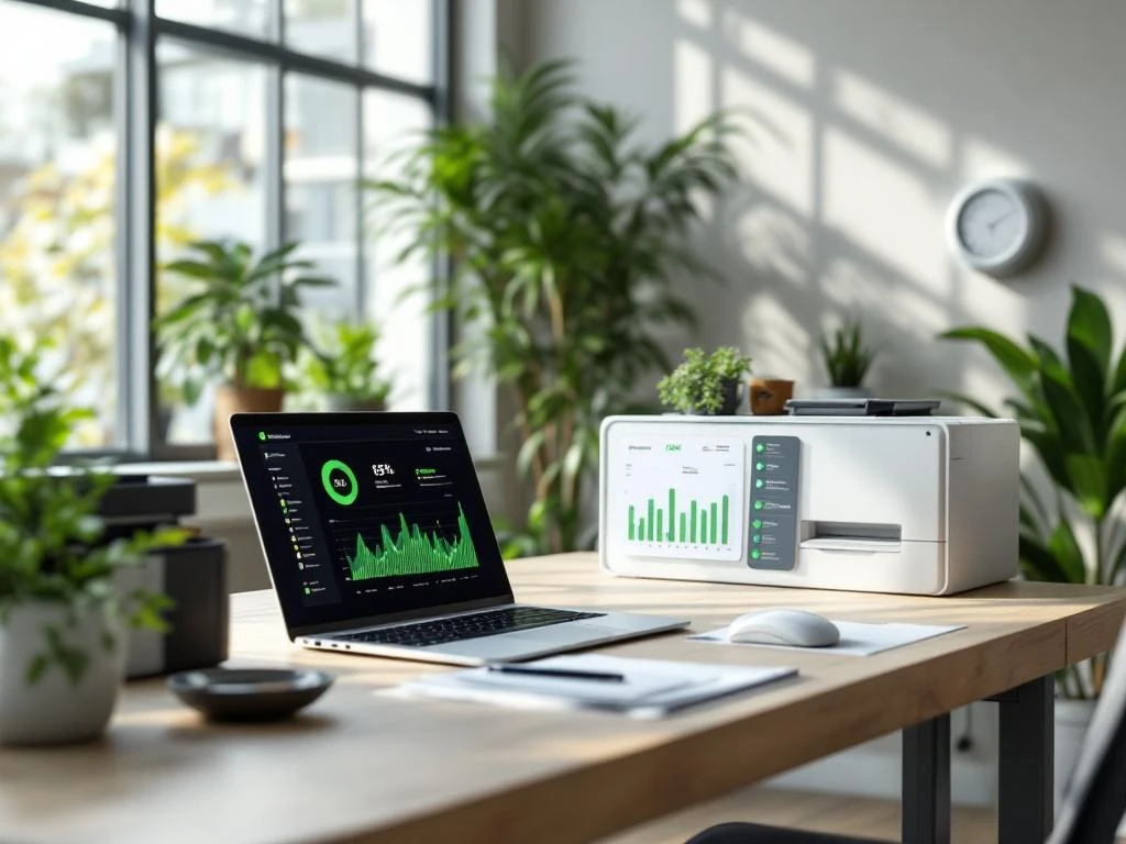 Een kantoorruimte met een laptop en apparaat met energiebeheerdashboard van Energy Check, omringd door groen en met natuurlijk licht.