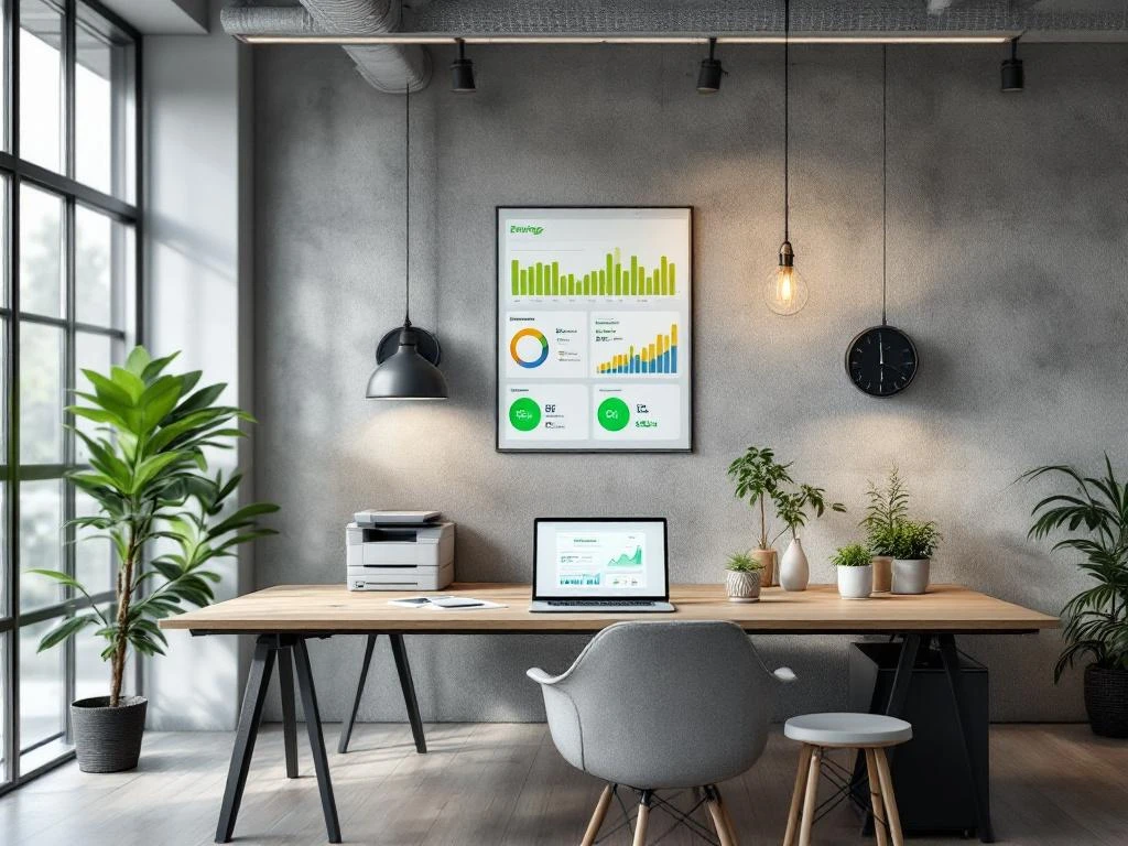 Een moderne kantoorruimte met een bureau waarop een laptop staat die energiegegevens toont, onder een Energy Check dashboard aan de muur.