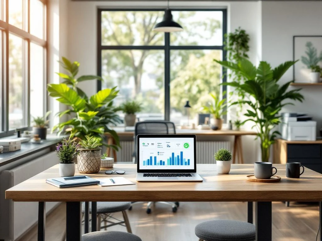 Een moderne kantooruimte van Energy Check met groene planten en een laptop op tafel waarop grafieken voor energiebeheer en duurzaamheid worden getoond.