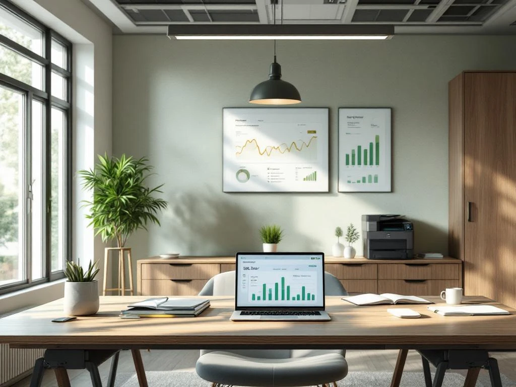Modern kantoor van Energy Check met focus op duurzaam energiebeheer, gekenmerkt door groene planten, een laptop met energiedata, en grafieken op de achtergrond.