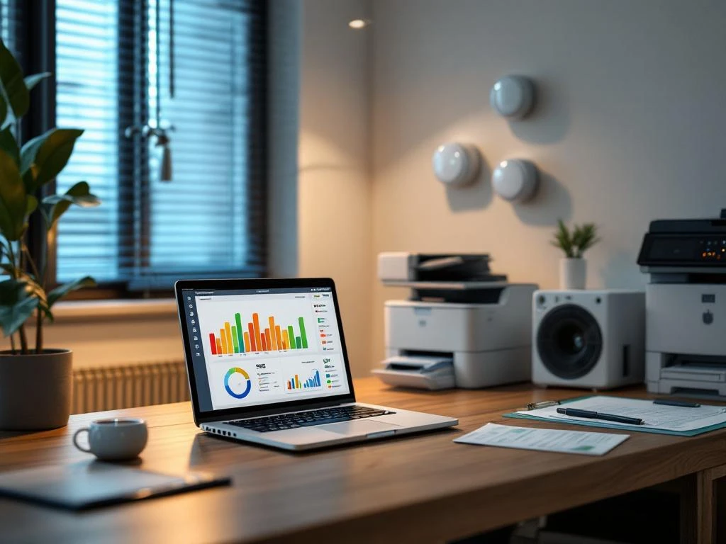 Laptop in een moderne kantoorruimte toont een energiezuinigheidsdashboard met grafieken voor Energy Check.
