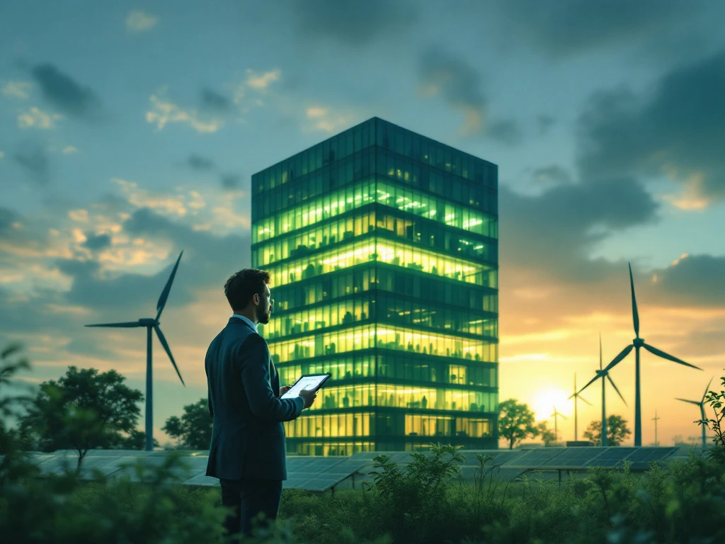 Een man met een tablet staat voor een modern, verlicht gebouw en windturbines in een duurzaam landschap bij zonsondergang, in het kader van Energy Check's focus op energiebehoud.