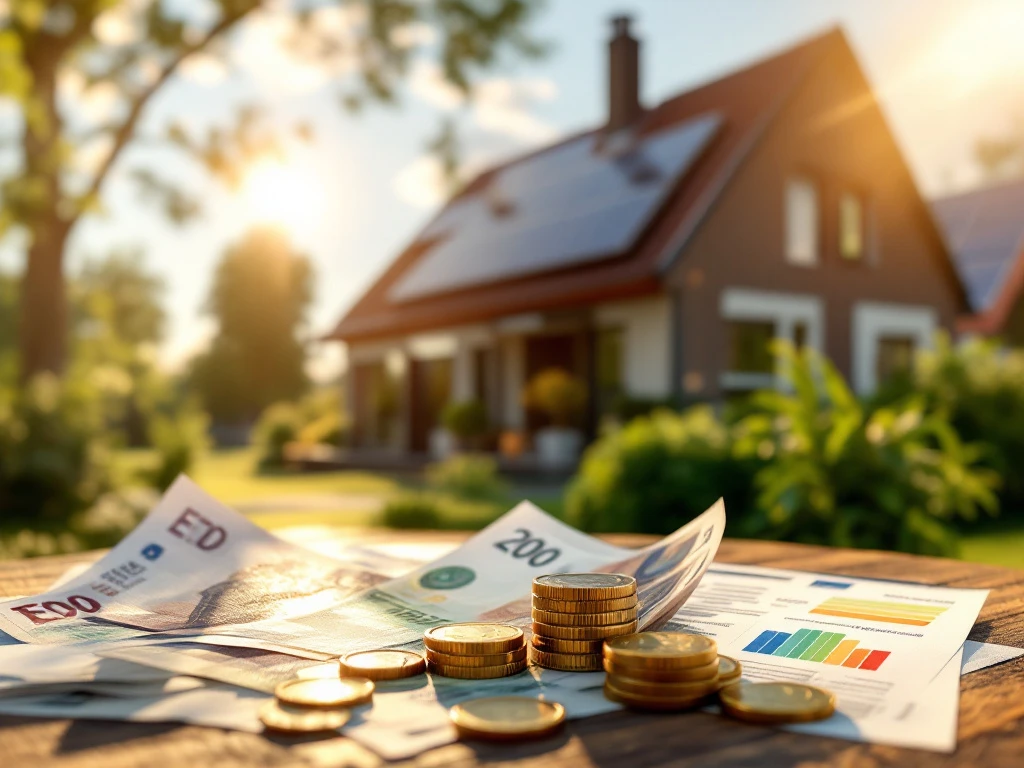 Een energiezuinige woning met zonnepanelen op het dak, met op de voorgrond EU-bankbiljetten en muntgeld naast energierapporten en subsidie-informatie, gepresenteerd door Energy Check.