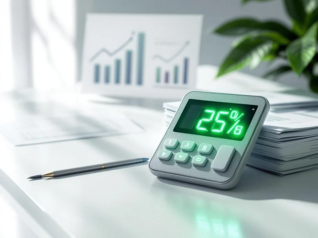 Een calculator met een scherm dat een energiebesparing van 25% toont, naast stapels papier en energiebesparingsgrafieken, op een bureau in een kantooromgeving.