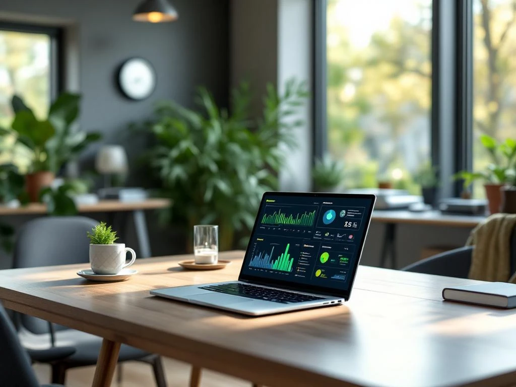 Een laptop met een energiebesparingsdashboard van Energy Check staat op een houten bureau in een duurzaam ingericht kantoor vol met planten.