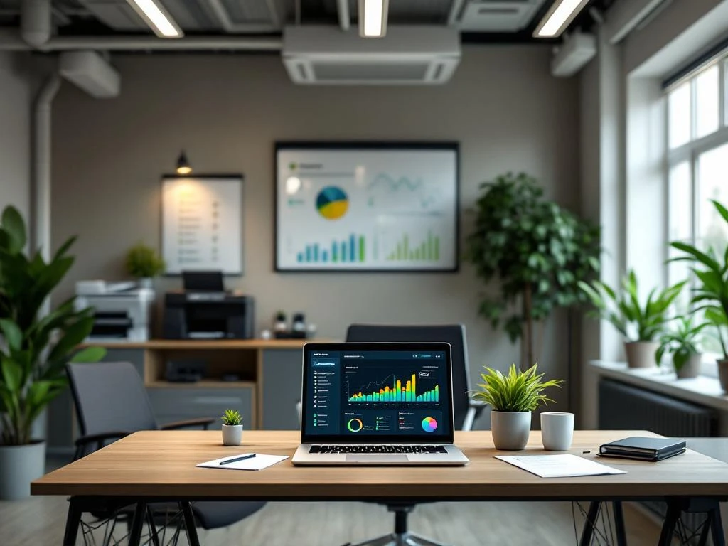 Een moderne kantoorwerkplek met een laptop die een energiebesparingsdashboard toont, omringd door planten en energie-efficiënt ingericht voor het bedrijf Energy Check.
