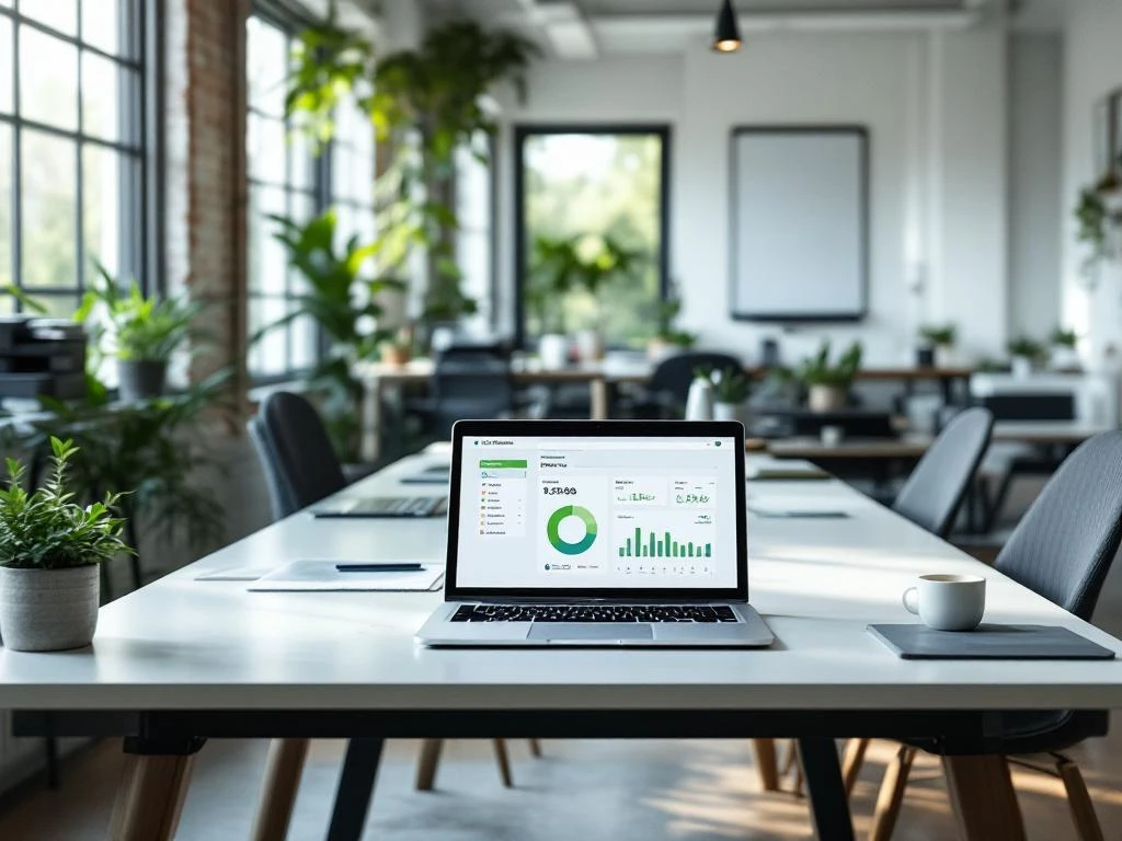 Een modern kantoor met een laptop op de voorgrond die een energiebesparingsdashboard toont, te midden van een groene, efficiënte werkomgeving.