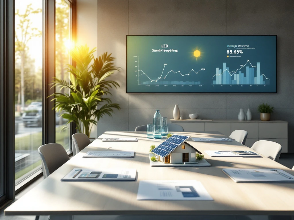 Een vergaderruimte met zonlicht en een maquette van een huis met zonnepanelen op tafel, en een scherm met data over LED-subsidieregelingen en energiebesparing van Energy Check.