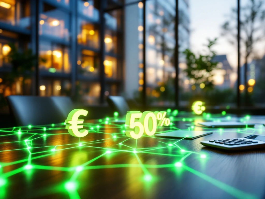 Visueel netwerk van groene lijnen met euroteken en "50%" in modern kantoorgebouw, symboliserend energiebesparing en kortingen van Energy Check.