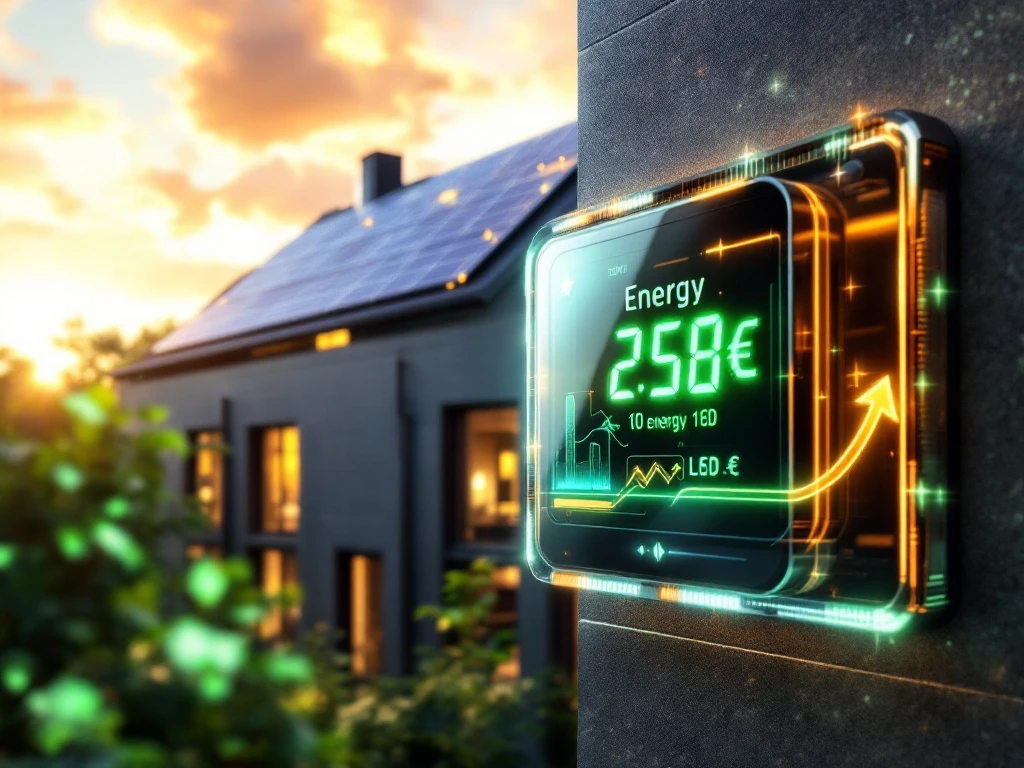 Een energie-display toont kosten van 2,58 euro naast een kantoor met zonnepanelen, wat energiebesparing en kostenreductie symboliseert voor Energy Check.