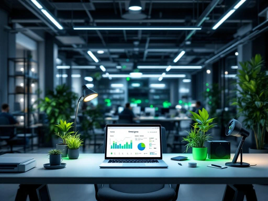 Een moderne, duurzame kantoorwerkplek met een open laptop waarop het Energy Check dashboard voor energiebesparing wordt weergegeven, omringd door groene planten.