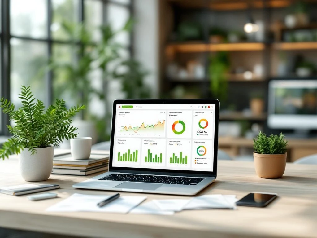 Een laptop met energiemonitoringsoftware van Energy Check toont grafieken en diagrammen op een bureau in een modern en groen kantoor.