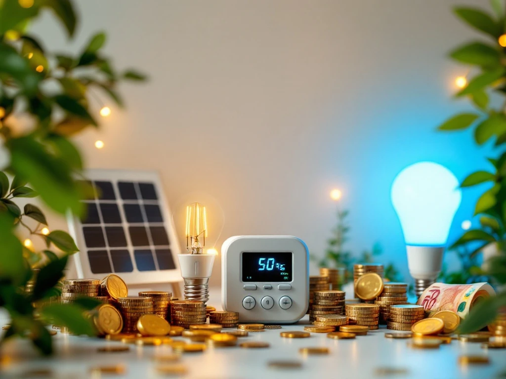 Een verzameling van gouden munten, LED-lampen, een zonnepaneel en een energiemeter op een wit oppervlak, die het thema energiebesparing en kostenbesparing visualiseren voor Energy Check.