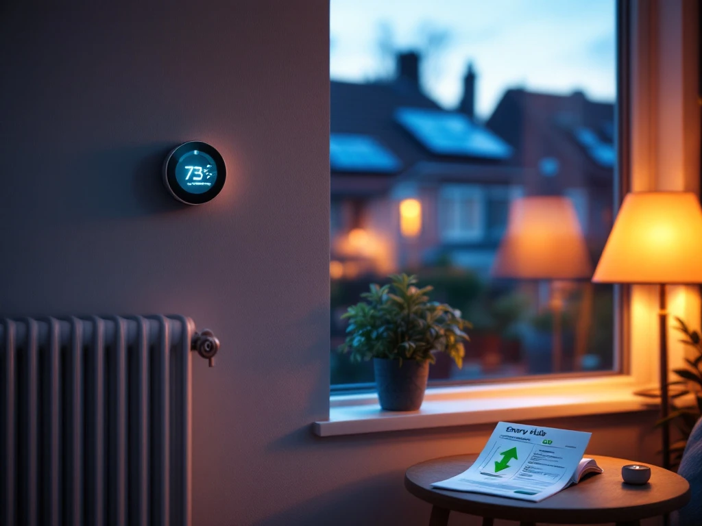 Slimme thermostaat aan de muur van een duurzaam huis met Energy Check-document op een tafel.