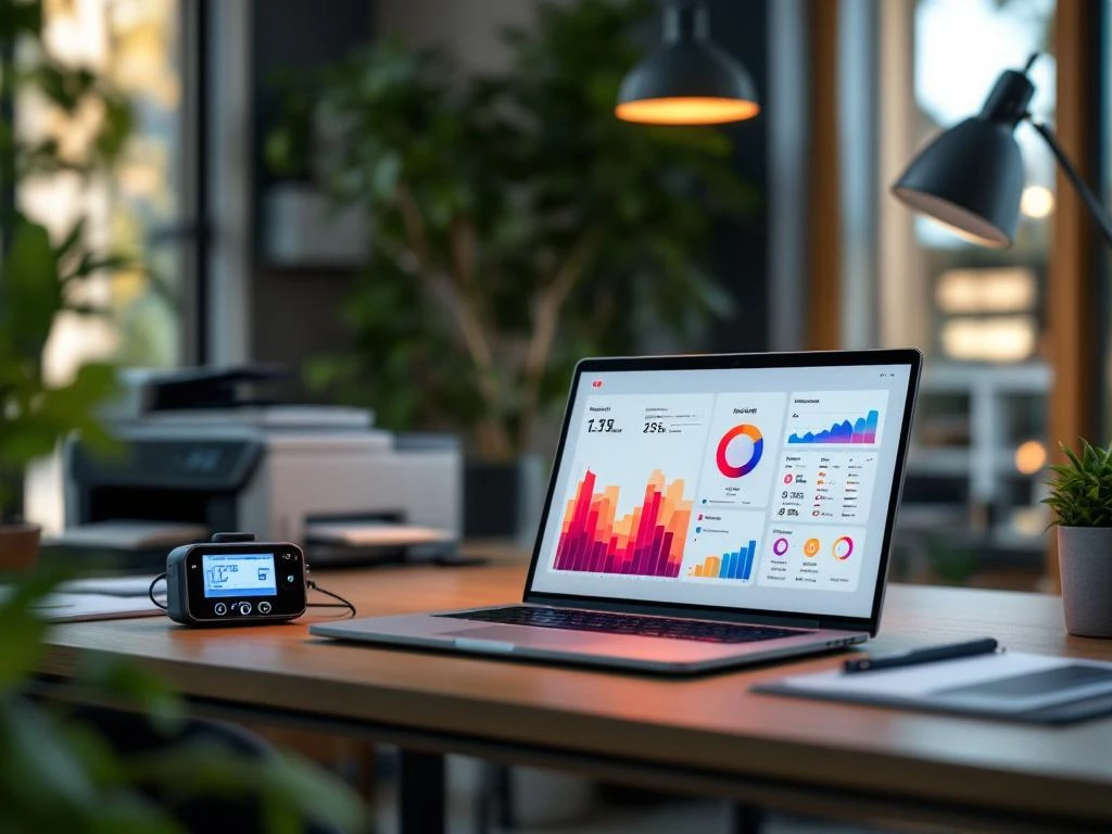 Een modern kantoor van Energy Check met een laptop die energieanalysegegevens weergeeft en een warmtebeeldcamera op een bureau.
