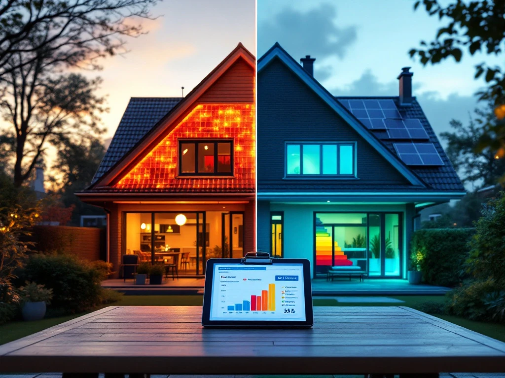 Afbeelding van een woningtransformatie waarbij de linkerhelft warmteverlies toont en de rechterhelft energiebesparing met zonnepanelen, met Energy Check statistieken op een tablet op de voorgrond.