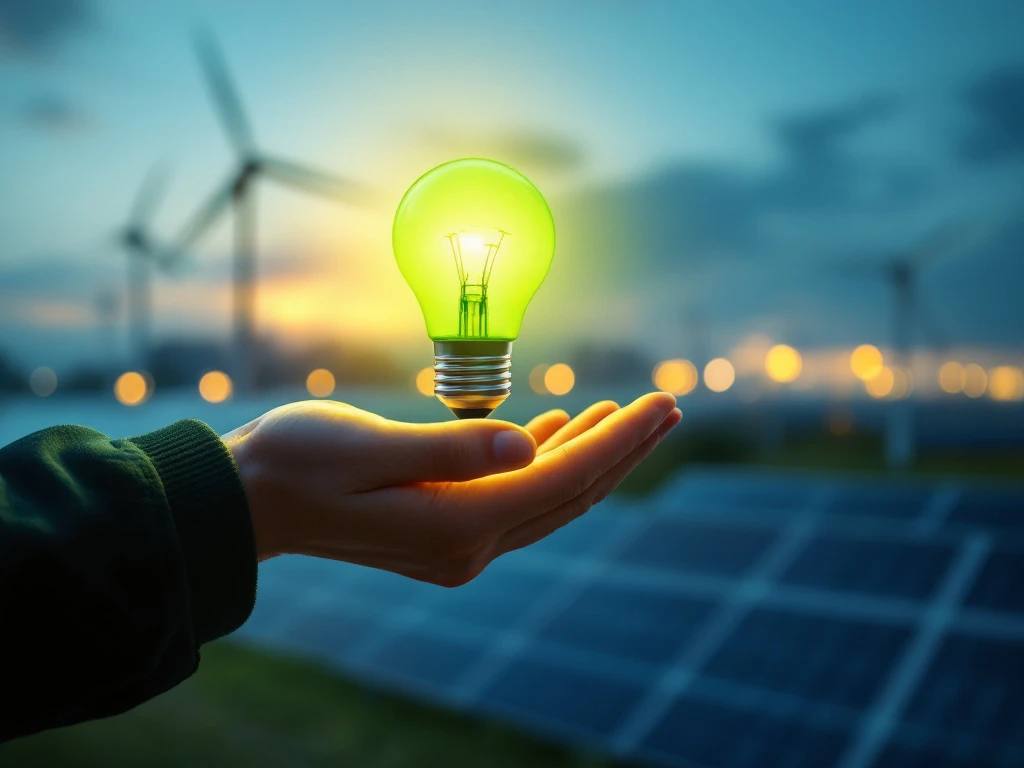 Een groene gloeilamp zweeft boven een hand met een achtergrond van windmolens en zonnepanelen, die energiebesparing en kostenbesparing symboliseert voor Energy Check.