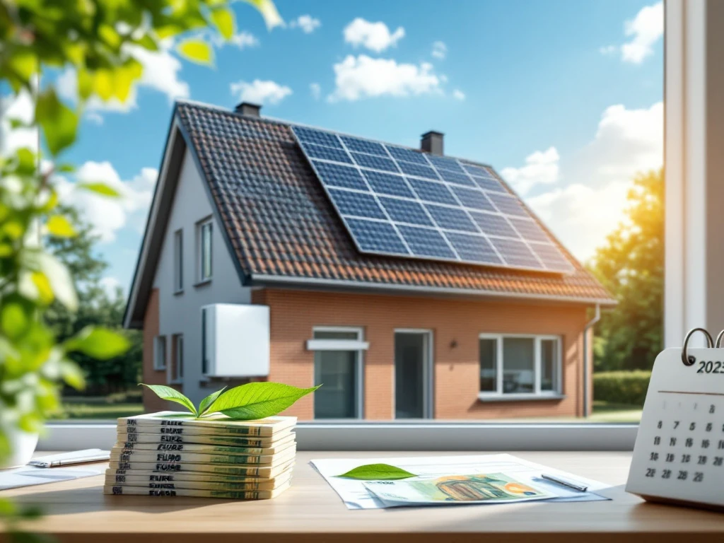 Afbeelding van een modern huis met zonnepanelen en een warmtepomp, gezien vanuit een vensterbank met eurobiljetten en een kalender die het jaar 2025 toont, symbool voor energiebesparing en subsidies, passend bij Energy Check.