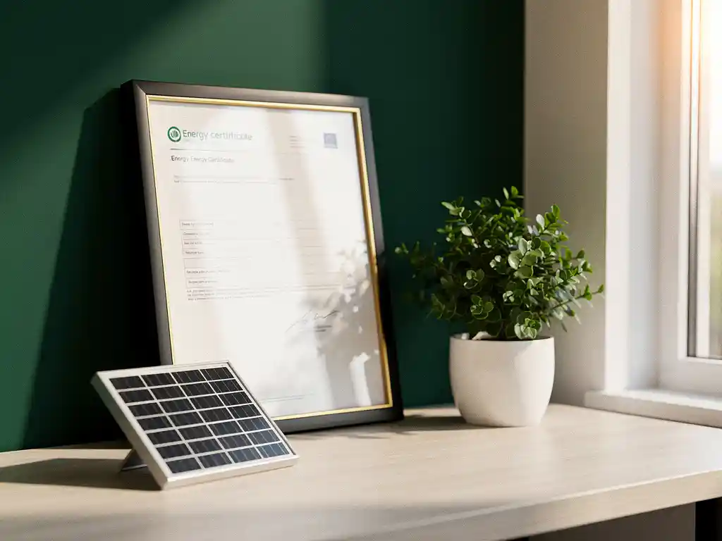 Ingelijst energiecertificaat op kantoor met zonnepaneelmodel en groene plant, warm natuurlijk licht.