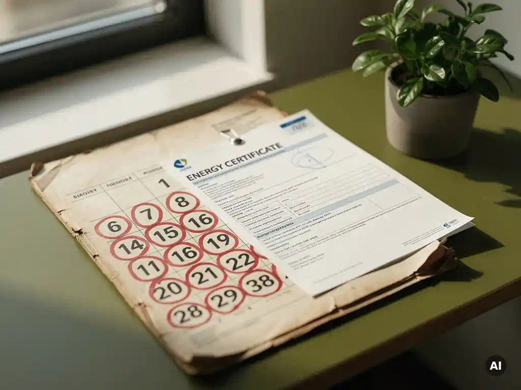 Verouderde papieren kalender met rood omcirkelde datums onder een officieel energiecertificaat op een zakelijk bureau, klein groen plantje op de achtergrond.