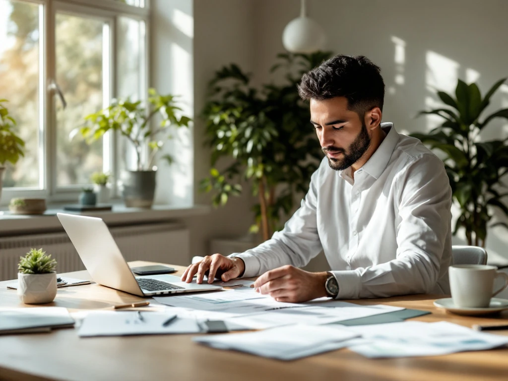 Een energieprofessional van Energy Check werkt geconcentreerd aan bureau met documenten en laptop in een lichte kantoorruimte omringd door groene planten.