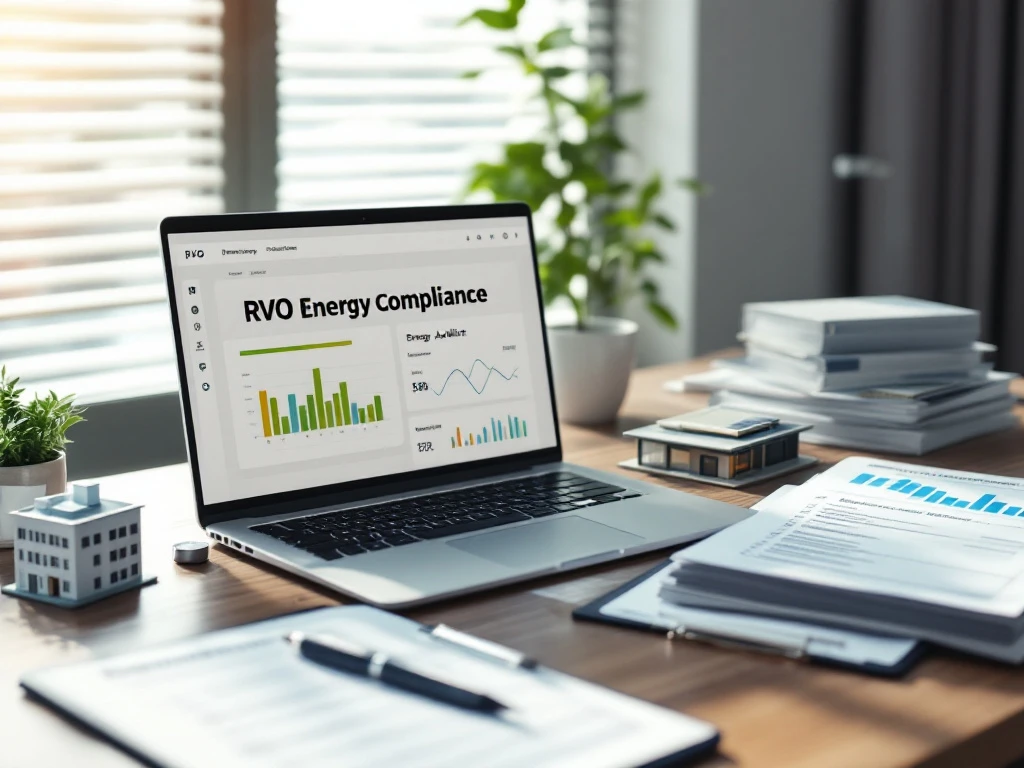 Een opengeklapte laptop met een energiecompliance-dashboard van Energy Check, omringd door documenten en miniatuurgebouwen op een bureau.