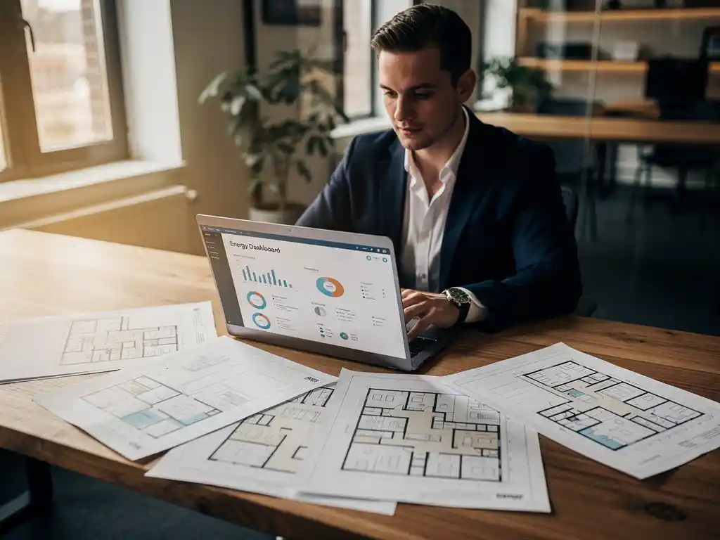 Energieconsultant analyseert verbruiksdata op laptop, omringd door plattegronden van kantoorgebouwen op een eiken bureau.