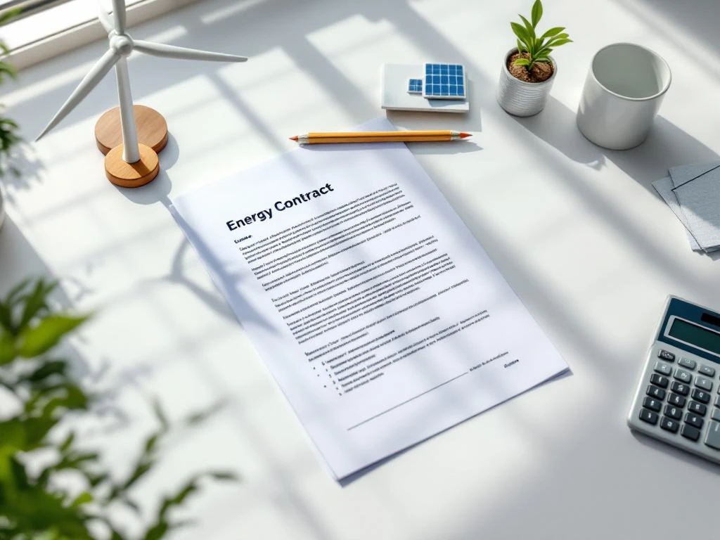 Afbeelding van een bureau met een energiecontract van Energy Check, een windmolenmodel, een calculator, een potlood, een plant en een zonnepaneel-miniatuur.