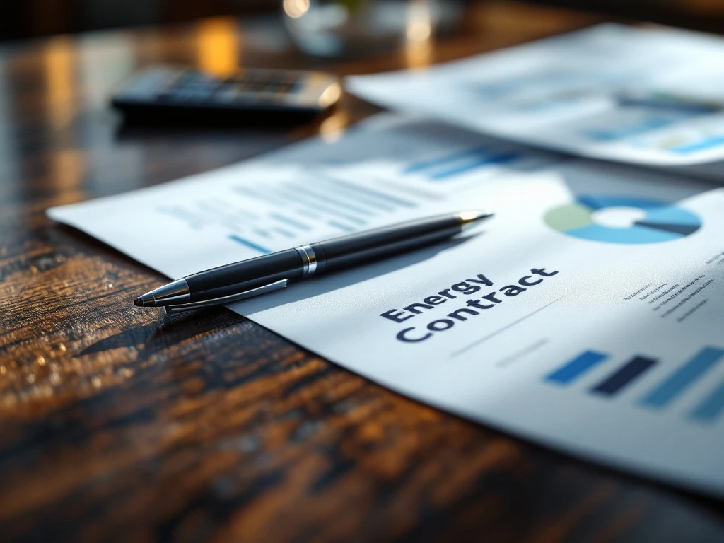 Een energiedocument met grafieken en een pen, liggend op een houten bureau, passend bij de zakelijke diensten van Energy Check.