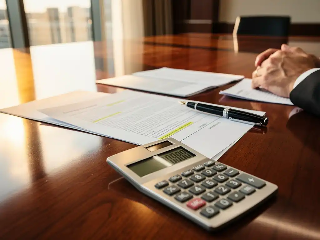 Energiecontract-documenten met een pen en een rekenmachine op een vergadertafel van Energy Check.