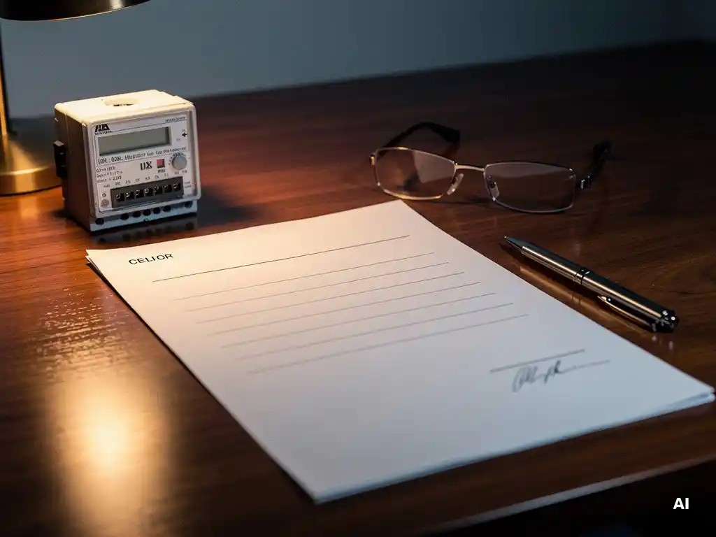 Ondertekend energiecontract op bureau naast elektriciteitsmeter, pen en leesbril in warm kantoorlicht.