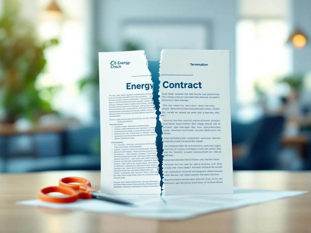 Gescheurd energiecontract van Energy Check met een schaar op een bureau in een kantooromgeving.