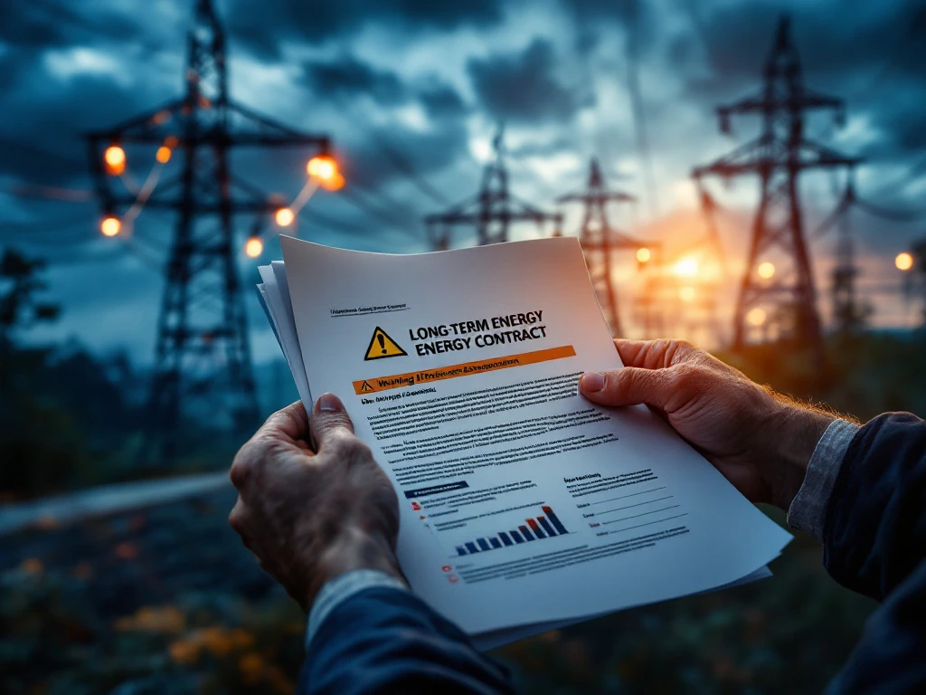 Twee handen houden een energiecontract met waarschuwing vast tegen een achtergrond van industriële hoogspanningslijnen bij zonsondergang, zoals te zien op de website van Energy Check.