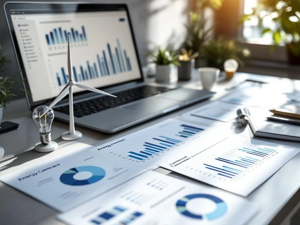 Werkplek met energiegrafieken, windturbine-model en Energy Check documenten op een bureau.