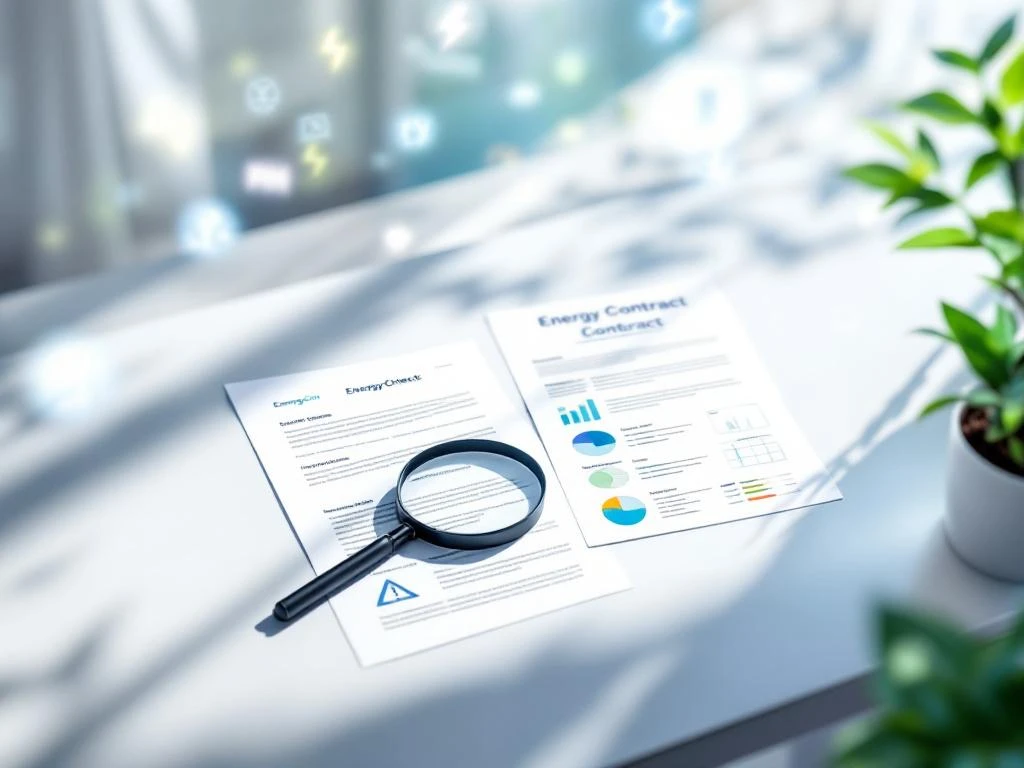 Documenten met energierapporten van Energy Check en een vergrootglas liggen op een bureau, omringd door grafieken en een plant.