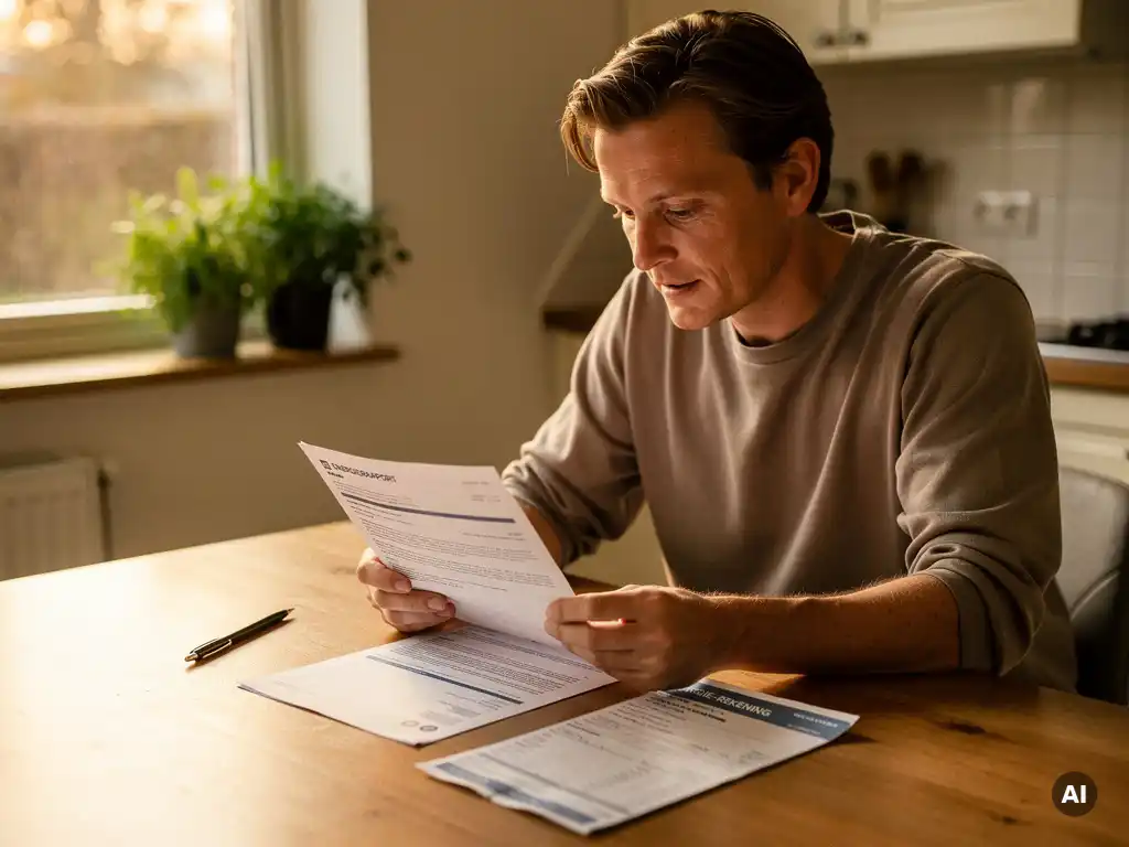 Nederlandse huiseigenaar bekijkt energiedocument aan keukentafel met rekening en pen, warm naturel interieur met middaglicht.