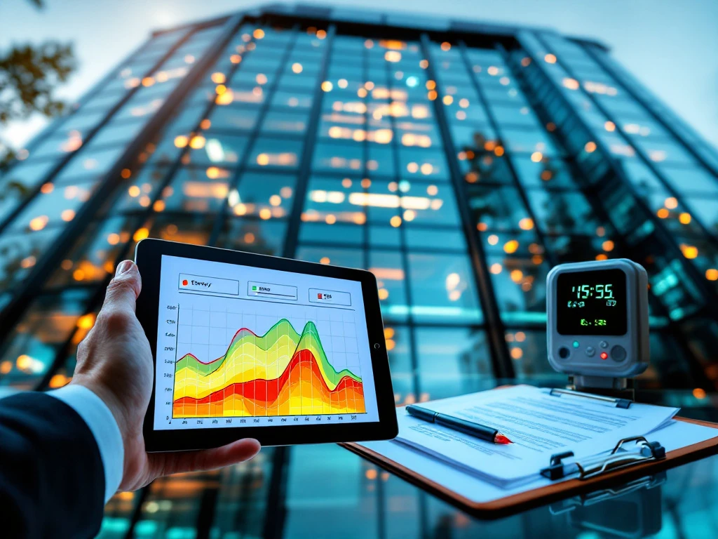 Een tablet met grafieken voor energie-efficiëntie wordt vastgehouden voor een modern kantoorgebouw, met op de voorgrond een clipboard en een digitale meter die de monitoring van duurzaamheid door Energy Check illustreren.