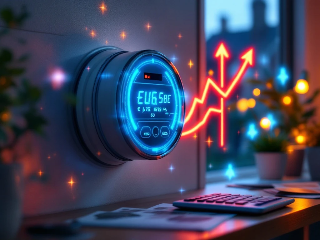 Een digitale energiemeter met de kosten in euro's voor een Nederlands huis, samen met een grafiek die oplopende energiekosten toont, met een calculator en papieren op de voorgrond.