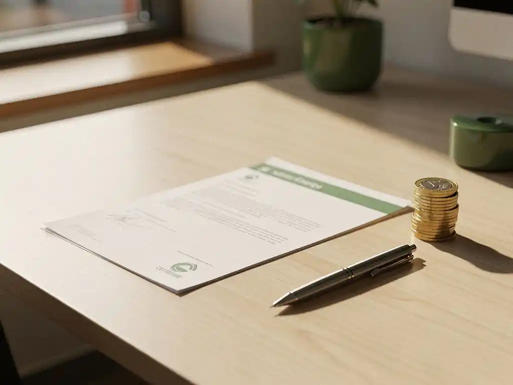 Energiecertificaat op kantoorbureau naast stapel euromunten en pen, warm natuurlijk licht, moderne werkruimte.