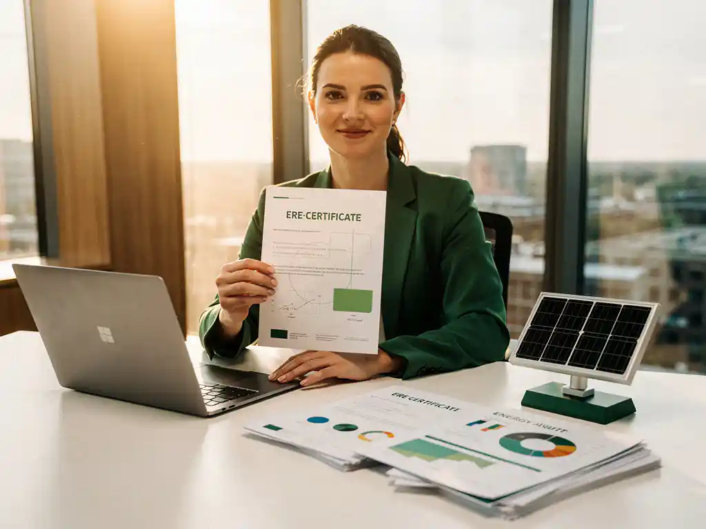 Professional houdt een ERE-certificaat vast aan een modern bureau met laptop, energie-auditrapport en klein zonnepaneelmodel.