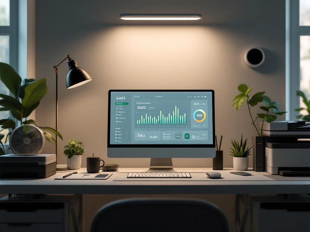 Een moderne kantoorruimte met energiemanagement-dashboard van Energy Check op een computerscherm, omringd door planten en kantoorapparatuur.