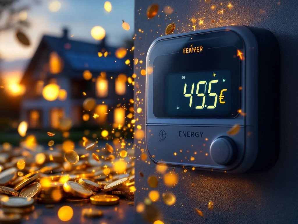 Digitale energiemeter van Energy Check toont kostenbesparing terwijl gouden munten rondvliegen, met een huis op de achtergrond.
