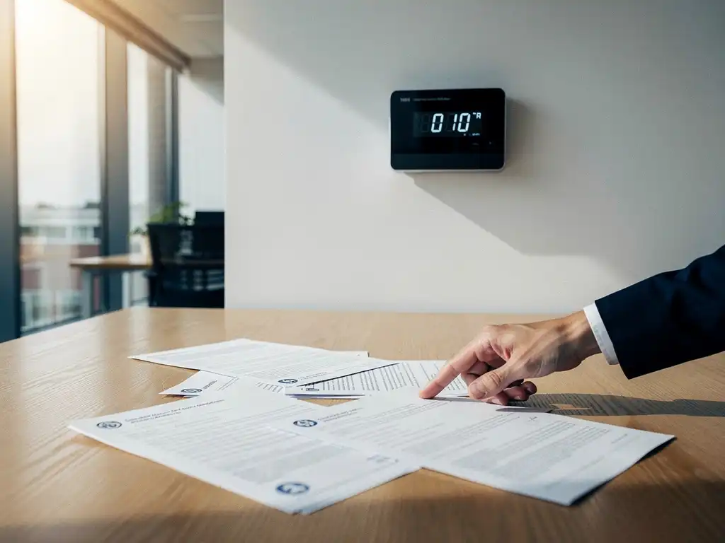 Een consultant van Energy Check controleert documenten over compliance met de Nederlandse energiemeterregelgeving in een kantooromgeving.