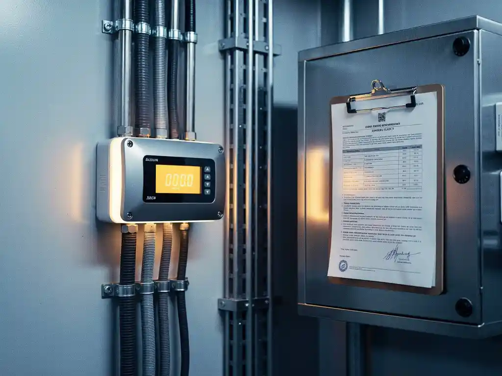 Een digitale energiemeter naast een industrieel compliance-document aan de muur, in een technische omgeving bij Energy Check.
