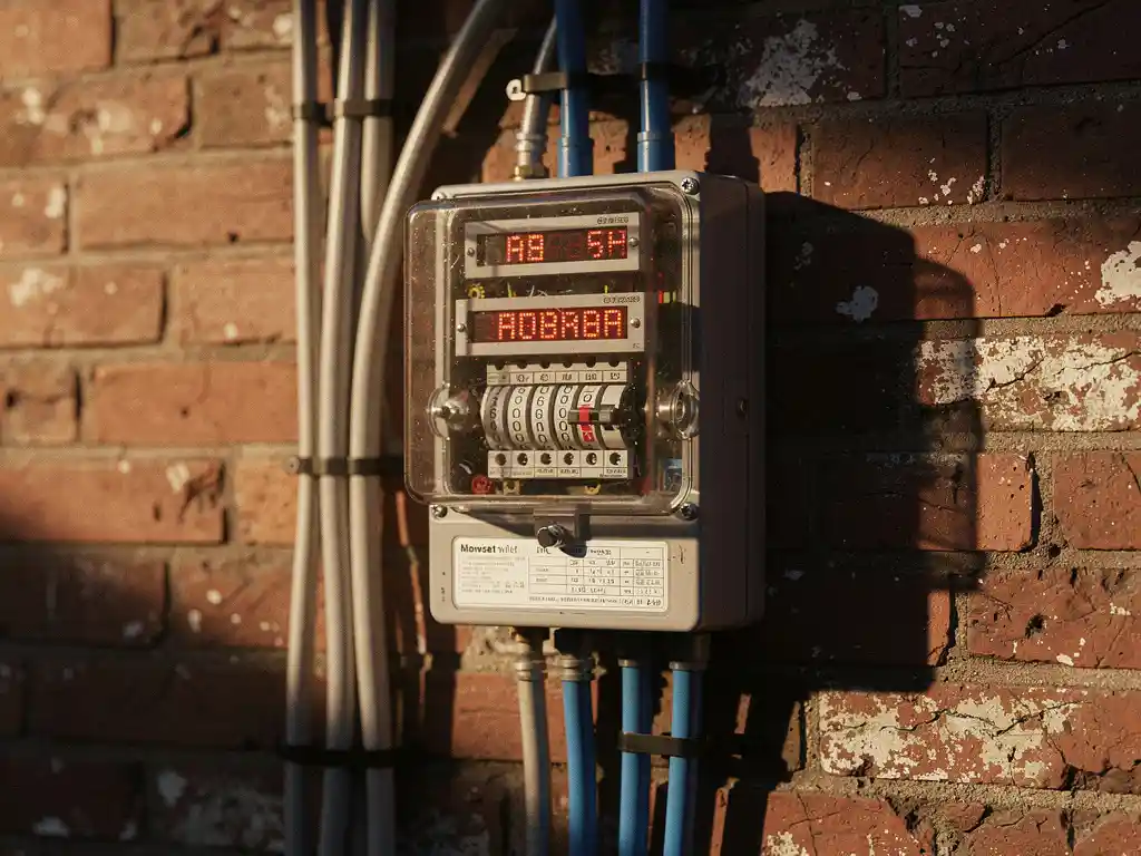 Oude elektriciteitsmeter tegen een bakstenen muur als onderdeel van de Nederlandse infrastructuur.
