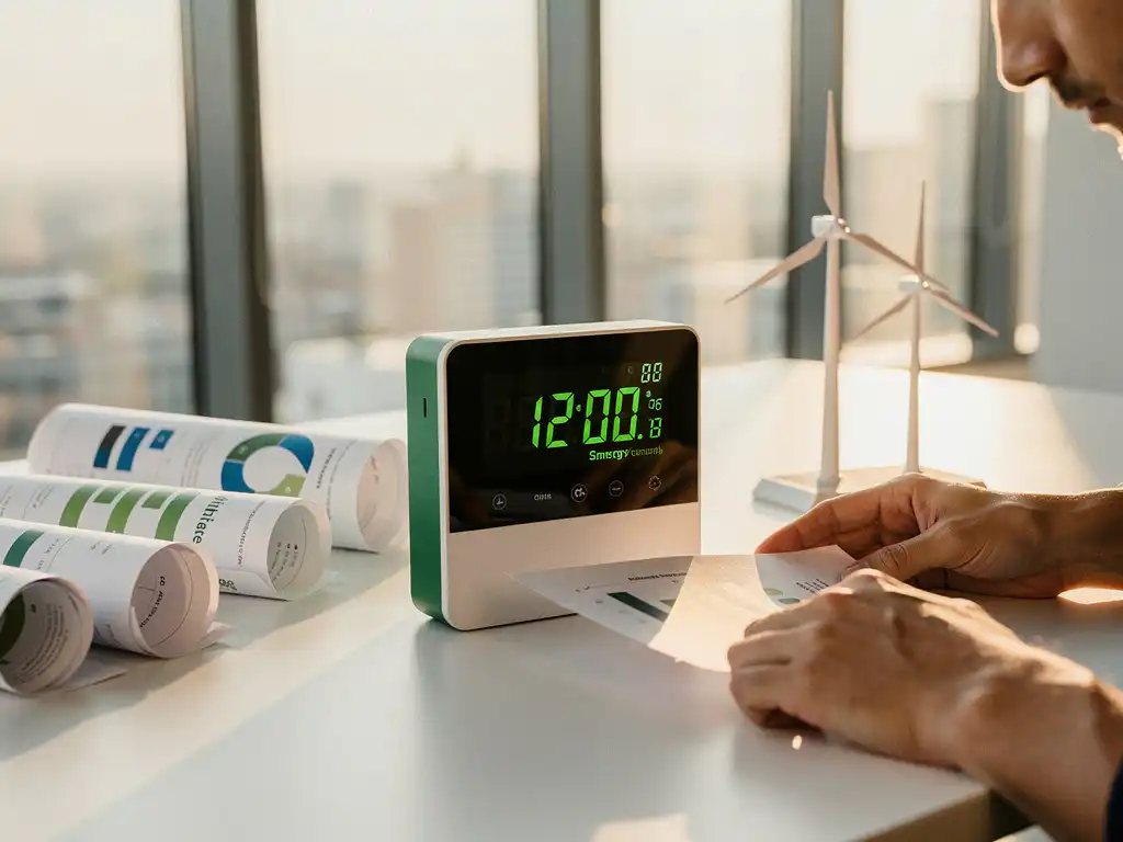 Een energiemeter op een kantoor toont duurzaamheidsgegevens, terwijl een persoon documenten bekijkt met op de achtergrond een model van een windturbine.