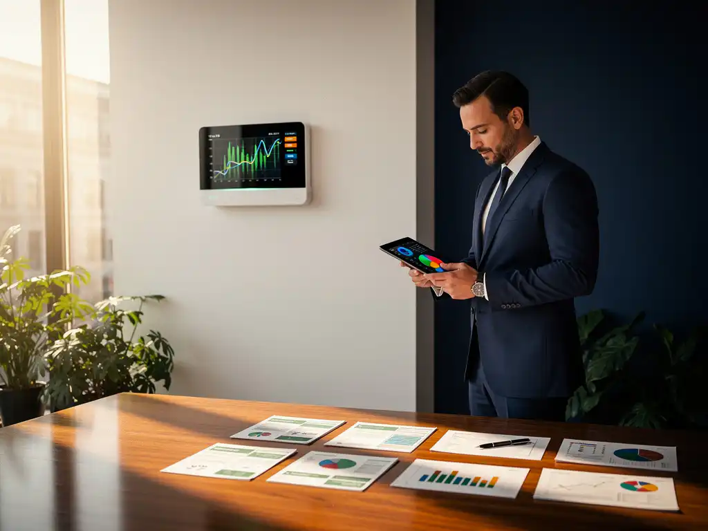 Een zakenman berekent zakelijke energiekosten met behulp van een energiemeter aan de muur in een modern kantoor voor Energy Check.