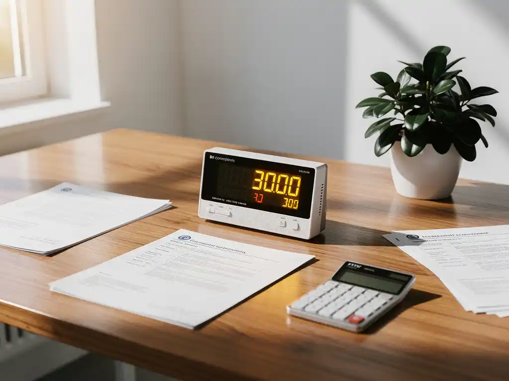 Een kantoorruimte met een energiemeter, documenten van Energy Check en een rekenmachine op een houten bureau, gefocust op energieverbruik en besparing.