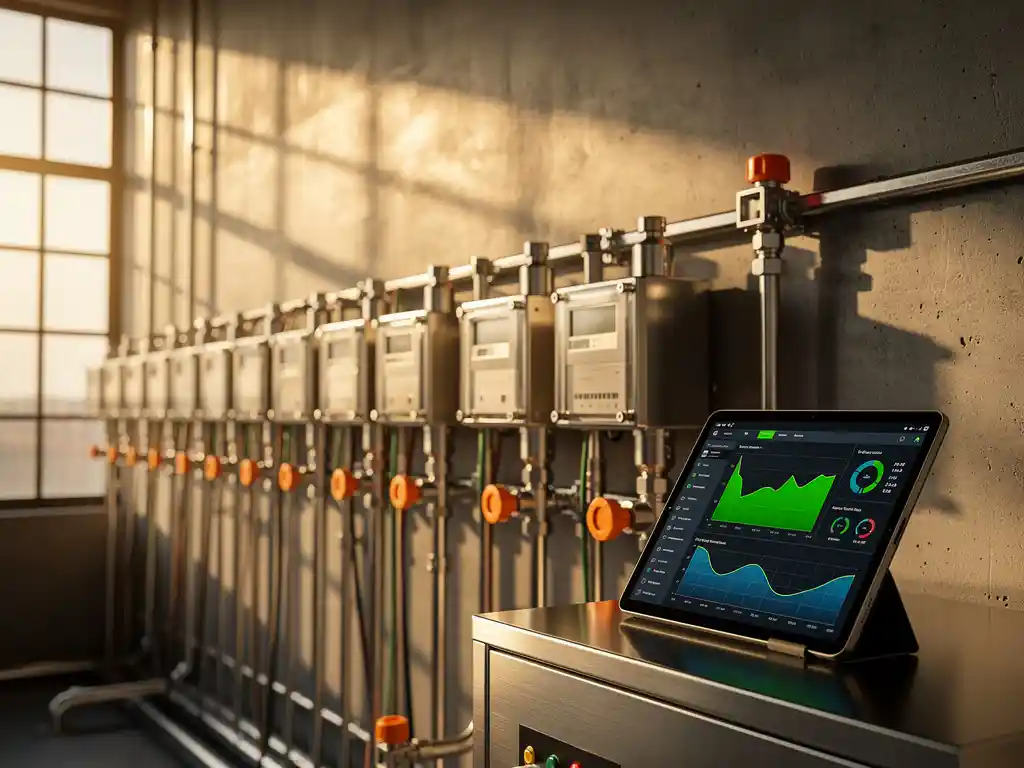 Rij energiemeters in een industriële faciliteit met een tablet die monitoringgegevens weergeeft, verbonden aan Energy Check.