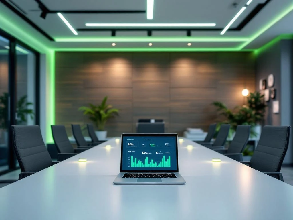 Een laptop met een energiedashboard van Energy Check staat centraal op een moderne vergadertafel in een duurzaam ingericht kantoor.